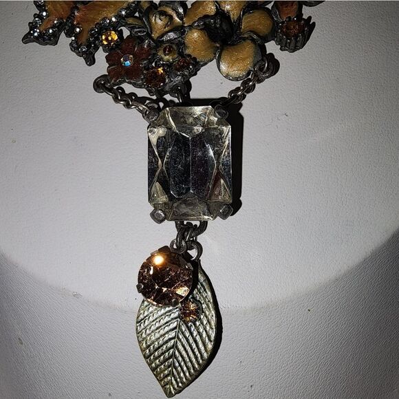 Floral Butterfly Necklace with Gold and Brown Accents 14"+2" - Picture 3 of 7